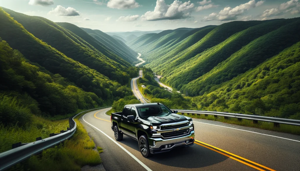 black truck driving in sunny mountains